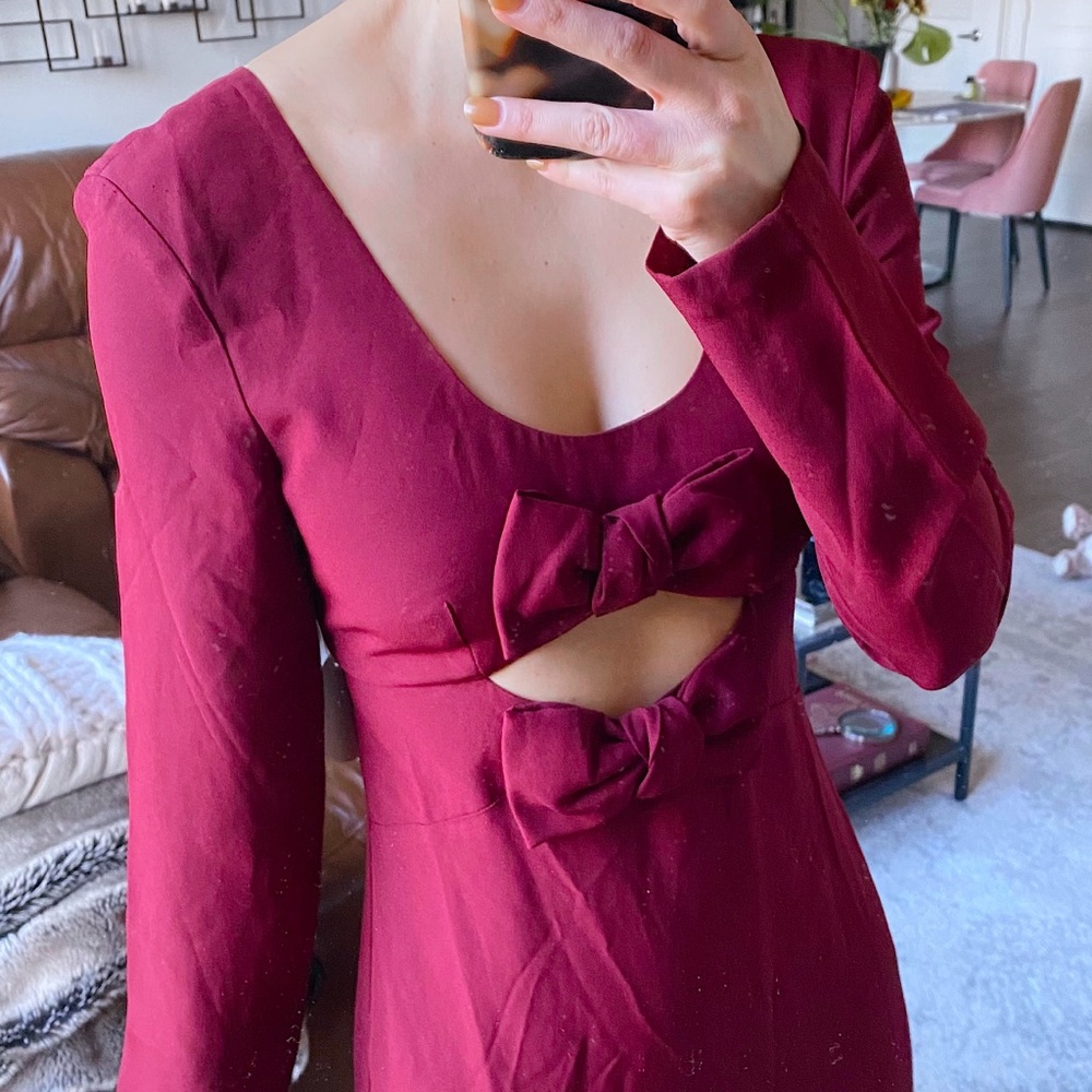 NWT STAUD Women's Lido Maxi Dress Red Garnet Bow Cutout long sleeve Dress 2 - Picture 2 of 8